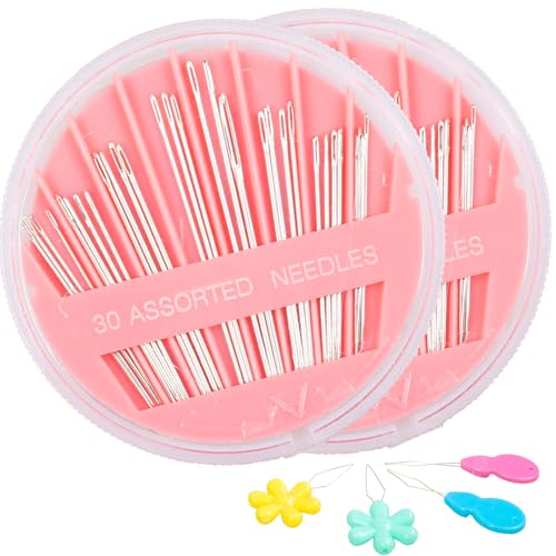 Hekisn 60-Pack Premium Hand Sewing Needles Set, 6 Sizes Embroidery Needles Kit with Threaders, Assorted Large Eye Sewing Needles for Repair, DIY, Art & Craft Projects(Pink) - color: Pink