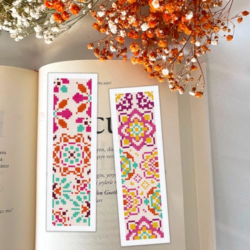 BEUNITONE 6 Pcs Mandala Cross Stitch Bookmark Kits for Beginners DIY Stamped Embroidery Bookmark Kit Colorful Floral Punch Needle Set with Instructions Craft Kit for Book Lover Gifts 8''x2.4'' - style: Small Mandala Pattern