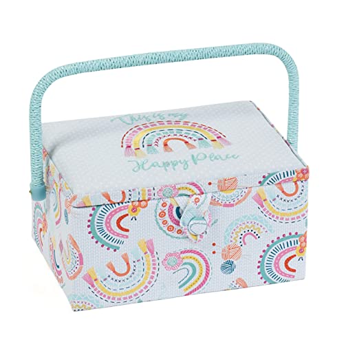 Hobby Gift Medium Sewing Box Organiser, Fabric Covered Storage Box with Handle, Internal Tray, Pin Cushion and Pocket for Sewing, Quilting and Knitting Supplies - color: Rainbow