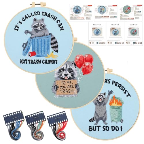 Mindsoft 3 Set Needlepoint Kit for Beginners with Hoop,Raccoon - style: Raccoon