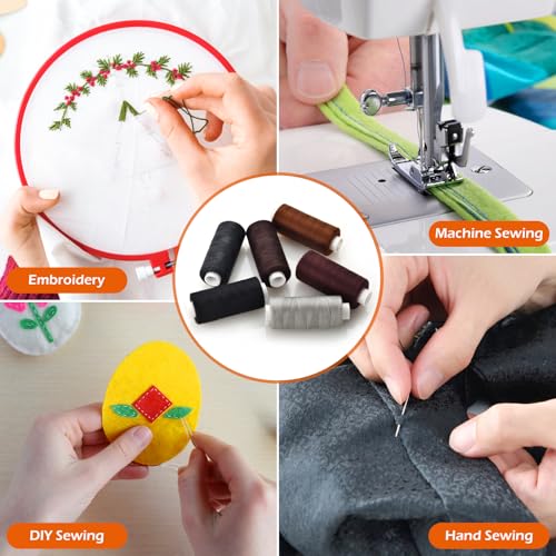 6 Pcs Polyester Thread Kit - 400 Yards Each Spool, Sewing Threads for Machine & Hand Stitching, Embroidery, Includes Sewing Needle & Threader - color: dark color