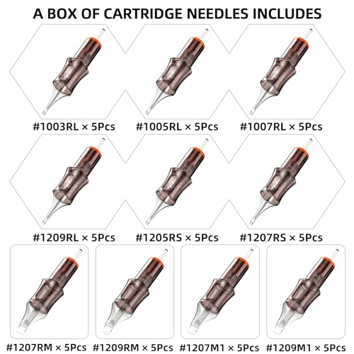 50 Assorted Tattoo Cartridge Needles Mixed Size 5 Pcs each of #10 Round Liner 3RL 5RL 7RL, #12 Round Liner Shader Curved Magnum 9RL 5RS 7RS 7RM 9RM 7M1 9M1 Pro Disposable Membrane Tattoo Needles - size: 50Pcs-#10 3/5/7RL-#12 9RL-5/7RS-7/9RM-7/9M1