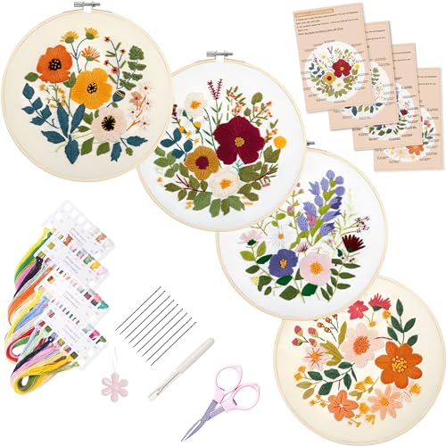 Bonroy Embroidery Kit for Beginners with Instructions,Cross Stitch Kits for Adults with Pattern,Needlepoint Kits for Adult Include Embroidery Cloth Hoops Needles Threads (flowers2) - color: flowers2