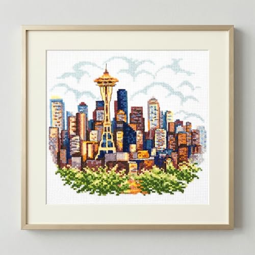 Povitrulya Counted Cross Stitch Kit for Adults “Seattle” - Cityscape Hand Embroidery Set with Paper Pattern, 14 Count Aida Cloth and Pre-Sorted Cotton Floss