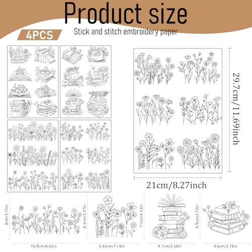 Water Soluble Embroidery Patterns Stabilizers, 4 Sheets Book Lover Stick and Stitch Embroidery Paper Wash Away, Pre-Printed Flower Transfer Papers Customized Gifts for Hand Sewing Lover Beginners - size: Flower Book B