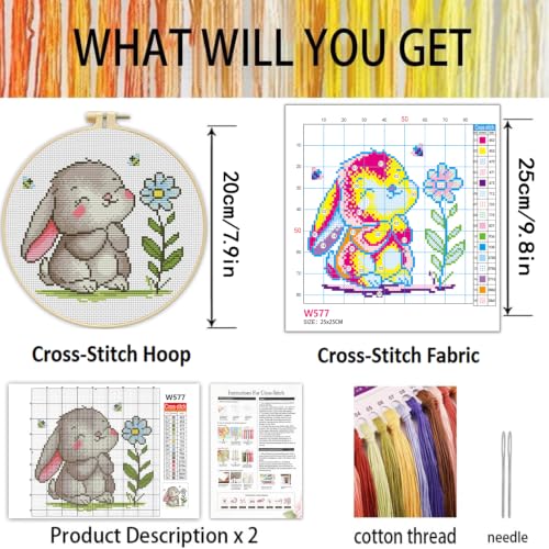 Stamped Cross Stitch Kits for Beginners-Cute Rabbit,with Embroidery Hoop - color: Cross Stitch-Rabbit