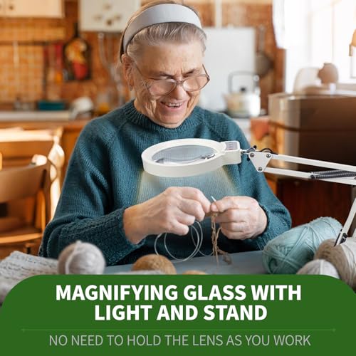 10X/20X Magnifying Glass with Light and Stand, LED Desk Magnifying lamp with Base and Clamp, 3 Color Mode, 10 Dimmable Levels Desktop Magnifier, Crafts Jewelry Sewing Close Work (White) - color: White