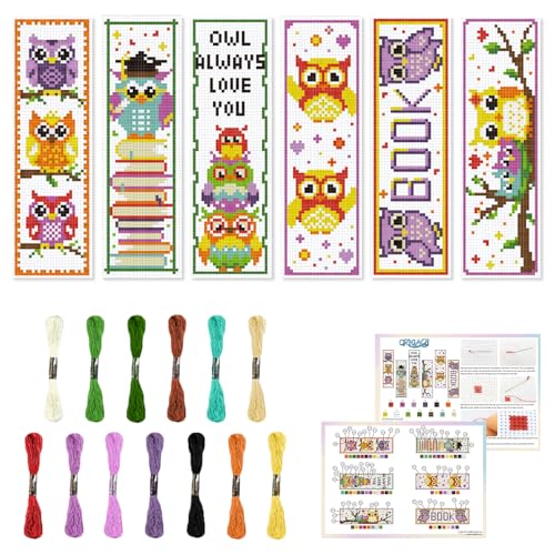 ORIGACH 6 Set Cross Stitch Bookmark Kit for Beginner Owl Pattern DIY Stamped Embroidery Bookmark Kit with 13 Colors Embroidery Floss Instructions - style: Owl
