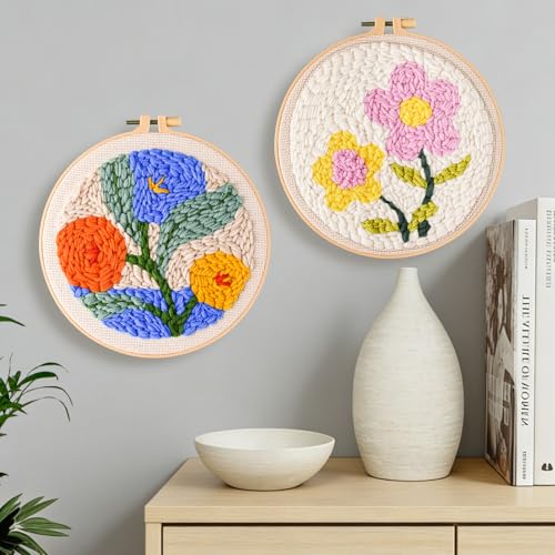 Fvbber Punch Needle Kits Adults Beginner, 2 Pcs DIY Easy Flower Embroidery Set with Patterns, Tools, Yarns, Hoop, Instruction for Home Decor, Craft Gift (Flower 1