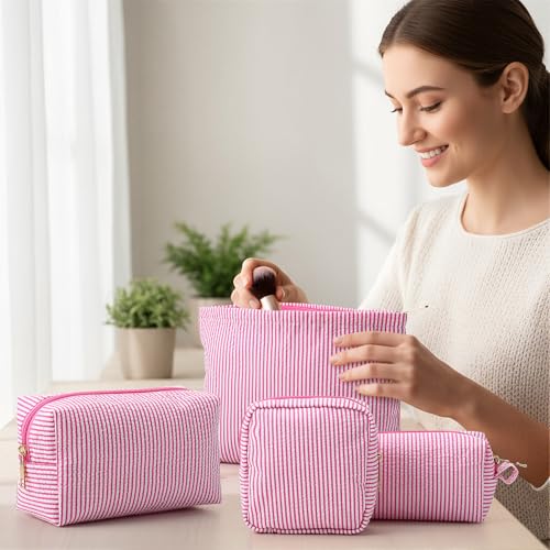 Sanwuta 4 Pcs Seersucker Pouch Striped Makeup Bag Set, Pink - color: Pink
