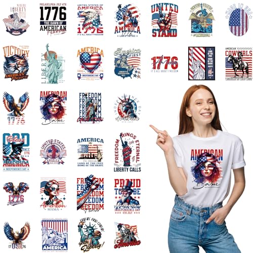 30Pcs Patriotic 4th of July Dtf Transfers Ready to Press Independence Day Iron on Transfers for Tshirts 250th Anniversary Transfer Vinyl Stickers for Clothing Pillows Bag DIY Crafts - color: 4th of July