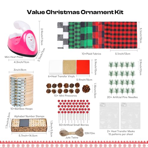 Caydo 111 Pieces Christmas Ornament Making Kit Including 3 Inch Embroidery Hoops, 5 Inch Squares Plaid Fabric and Pink Mini Heat Press for DIY Christmas Decoration - style: 111PCS