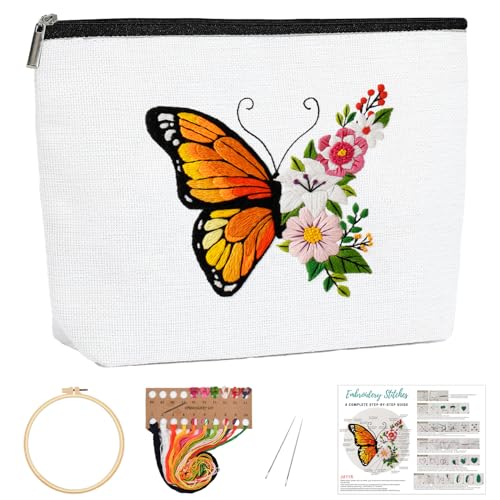 Louise Maelys Embroidery Kit, Butterfly Floral Canvas DIY Makeup Bag Craft - color: Butterfly and Floral