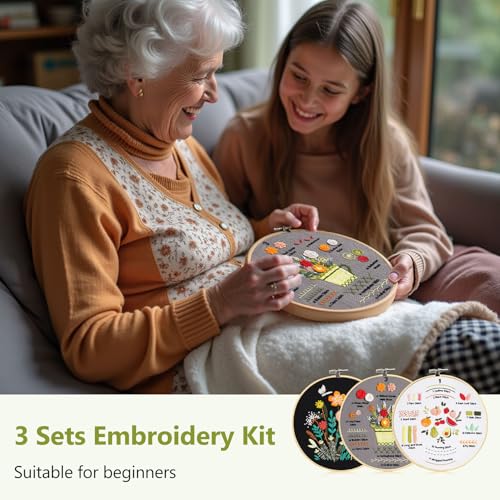 Santune 3 Pack Beginner Embroidery Kits for Adults DIY Starter Kit with 33 Stitch Techniques, Stamped Patterns, Embroidery Hoop, Colorful Threads,Stitch Video Tutorial - color: Practice Patterns