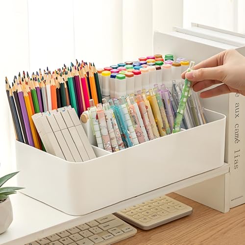 Acshio 2 Pack Plastic Portable Caddy with Handle, Stackable Art Office Supplies Storage Organizer with 5 Compartments, Multiuse Divided Craft Basket Bin Stationery Pen Holder for Home, Shower