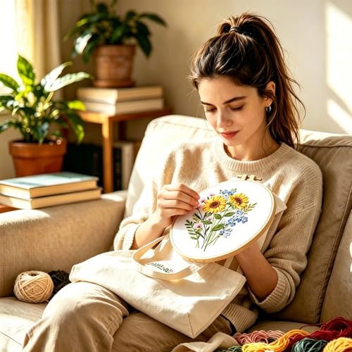 Vigdit Canvas Tote Bag Embroidery Kit for Beginners, Needlepoint Cross Stitch Kit for Adult Beginner, DIY Reusable Grocery Bags Embroidery Starter Kit with Stamped Floral Tools & Instructions - color: Flower3
