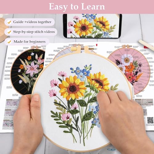 FEIYUENO 3 Sets Flowers Embroidery Kit for Beginner Adults (Floral) - color: Floral