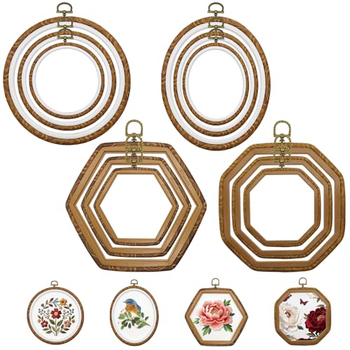 12Pcs Embroidery Hoop Frame, 12 Sizes Imitated Wood Cross Stitch Hoop, Round Oval Octagonal Embroidery Hoop for Cross Stitch, DIY Sewing Craft, Hanging Ornaments Decor, 5 Shape
