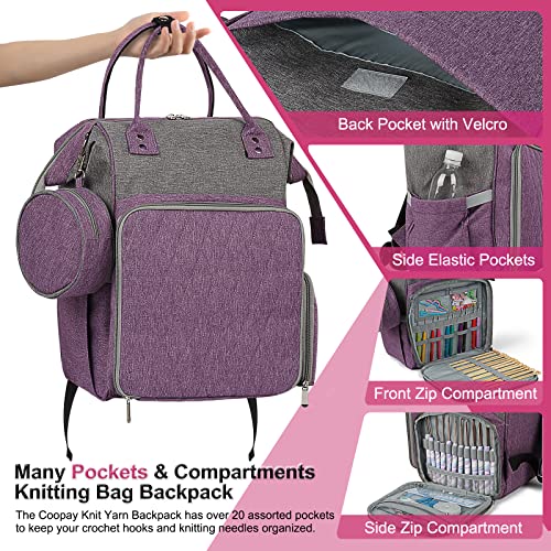 Coopay Knitting & Crochet Bag - Large Yarn Storage Backpack, Portable Organizer for Knitting Needles, Crochet Hooks & Supplies - color: Purple & Gray