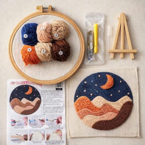 CELCRAFTIQUE Punch Needle Kits for Adults Beginner, Tool with Punch Needle Fabric, Hoops, Yarns and Sewing Needles (Night Desert) - color: Night Desert