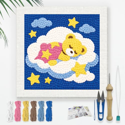 Doodlream Bear Cloud Needle Kit for Beginner, 9.4"x 9.4" Cartoon Animal Punch Stitching Craft Set, Color DIY Embroidery Starter with Printed Frame, Instruction, Threader, Yarn, Pinch Needle - color: Bear