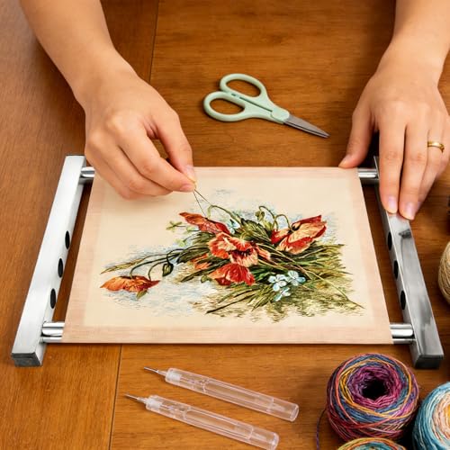 Cross Stitch Scroll Frame Stand, 11/9/7.3/5.5in Adjustable Stainless Steel Embroidery Frame with Masking Tape Needlepoint Holder for Hand Sewing Quilting