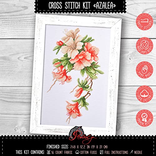 Povitrulya Azalea Embroidery Kit - DIY Flower Counted Cross Stitch Set with Pre-Sorted Floss, Paper Pattern and Banked 16 Count Aida Cloth - color: Azalea