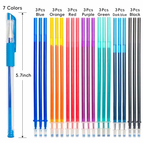 Jauisus 7 Color Heat Erasable Pens for Sewing with 21 Refills, 0.5mm Heat Erasable Fabric Marking Pens for Dressmaking, Embroidery, Quilting Gifts