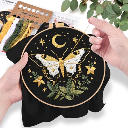ERKOON Embroidery Kit for Beginners Adult Cross Stitch Set Include Embroidery Cloth Hoop Threads for Craft Lover Hand Stitch with Embroidery Skill Techniques (Moon Butterfly) - color: Moon Butterfly
