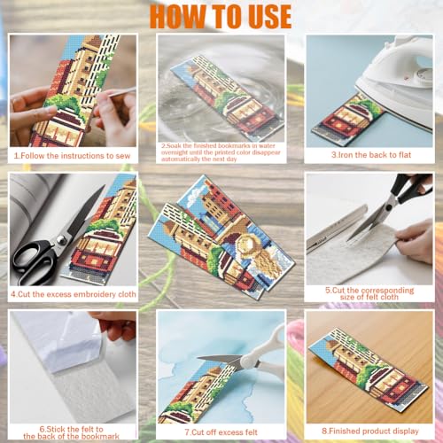 FREEBLOSS 6 Set Cross Stitch Bookmark Kit 11 CT Stamped Cross Stitch Kit DIY Embroidery Bookmark Kits for Adult Beginners with Instructions, Parisian Street Scenes, 6 x 20 cm/8" x 2.4" - style: Paris Theme