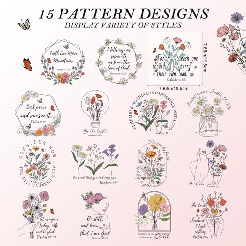 Dtf Transfers Ready to Press - 15Pcs Bible Flowers Iron on Transfers for Tshirts, Motivational Bible Verse Heat Transfer Iron on Decals Patches Stickers for Clothes Pillows Bag DIY Crafts