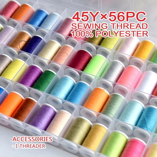 56 rainbowColor Set of Handy Polyester Sewing Threads with needls and Threader - color: 56 colors