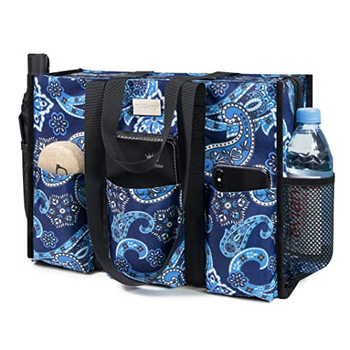 TOPDesign Utility Water Resistant Tote Bag with 13 Pockets, Zipper Closure - color: Blue Bandanna, size: Large