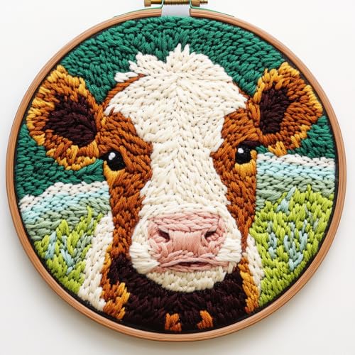 DIY Punch Needle Kits Jersey Cow with Hoop 20x20cm-4 - color: 27-Jersey Cow