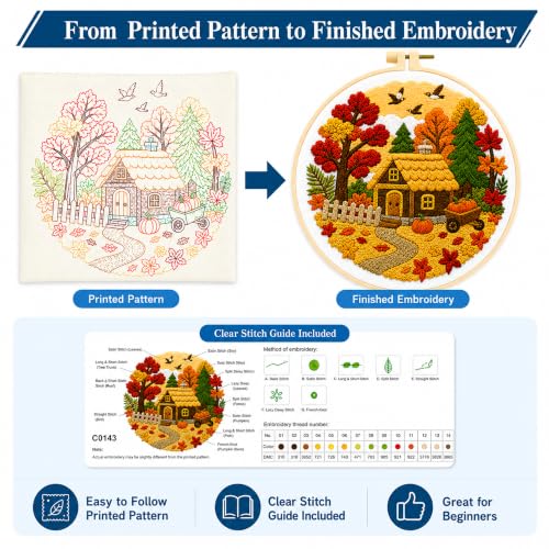 Zhenqing Autumn Cottage Embroidery Kit for Beginners, Fall Harvest Needlework Kit with Pre-Printed Cotton Fabric, Hoop, Threads & Tools, Pumpkin Home Decor (C0143) - color: Autumn Cottage