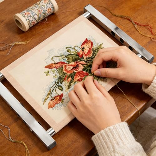 Cross Stitch Scroll Frame Stand, 11/9/7.3/5.5in Adjustable Stainless Steel Embroidery Frame with Masking Tape Needlepoint Holder for Hand Sewing Quilting