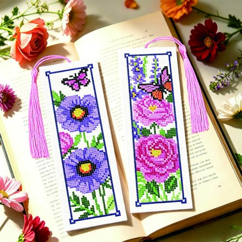 ACRNIGHEET 6PCS Cross Stitch Bookmark Kit for Beginner Stamped Cross Stitch Kits for Adults Floral DIY Tassel Embroidery Bookmark Kits Needlepoint Kit with Instructions Craft Gift 8.5''x3'' 11CT - style: Floral Butterfly with Tassel