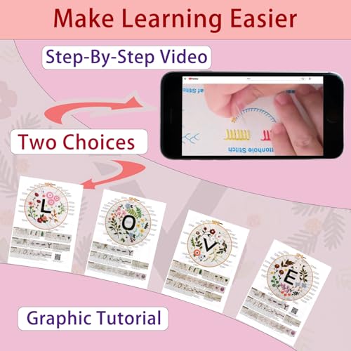Vereela Embroidery Kit for Beginners Adults, 4 Pack Stamped Embroidery Starter Kit with Flower and Love Patterns, Hoops, Threads, Needles, Scissors and Instructions, DIY Craft Gift for Women Teens - color: white