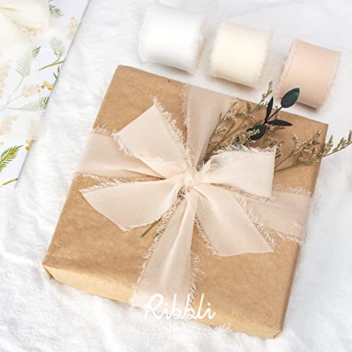 Ribbli Chiffon Ribbon - 1.5 inch x 30 Yard Champagne/Nude Silk, Handmade for Wedding Invitations, Gift Wrapping, Bridal Bouquets, Flower Arrangements - color: Champagne