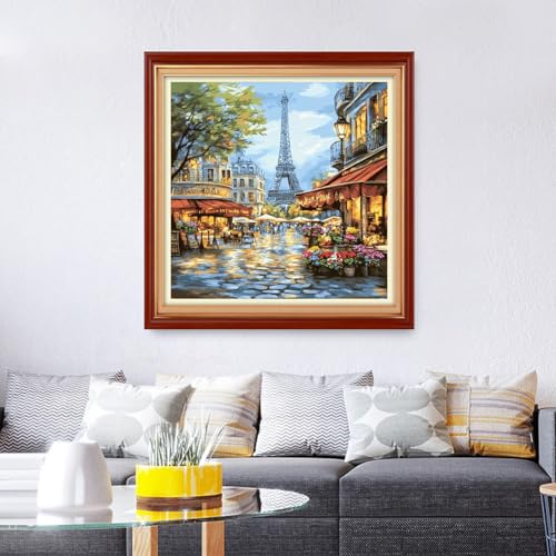 Foxhool Stamped Cross Stitch Kits,11CT Printed Cross Stitch Pattern Full Embroidery Kits for Beginner Needlepoint Kits&Eiffel Tower Street Market 18x18 inch - color: ColorSet18