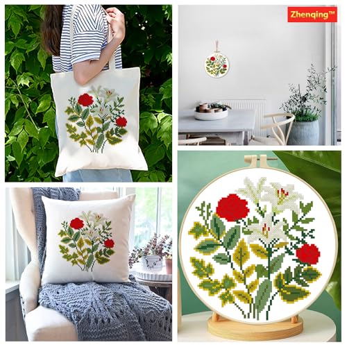 Zhenqing Rose and Lily Cross Stitch Kit for Beginners - 11CT 24x24cm Pre-Printed Pattern with Embroidery Hoop, Threads & Tools, Floral Design(70519) - color: Rose and Lily