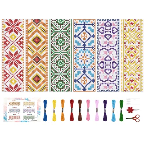 BEUNITONE 6 Pcs Vintage Cross Stitch Bookmark Kits for Beginner with Backing Felt Floss Instructions, Handmade Bookmarks DIY Stamped Craft Embroidery Kits for Adults, Book Lovers 8.5''x3'' - style: Pattern 3