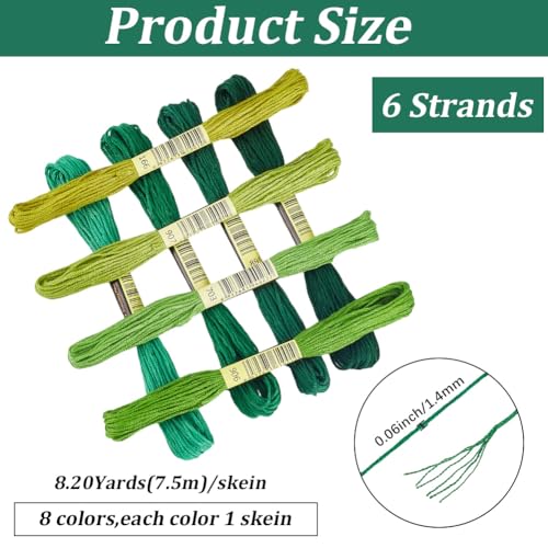 1 Box 65.6 Yards 8 Skeins 6 Strand Green Cotton Friendship Bracelet String Variegated Yarn Embroidery Assorted Bulk Thread Gradient Cross Stitch Floss Set for Sewing Making Crochet Knitting - color: Green Cotton Thread, size: 65.6 Yards