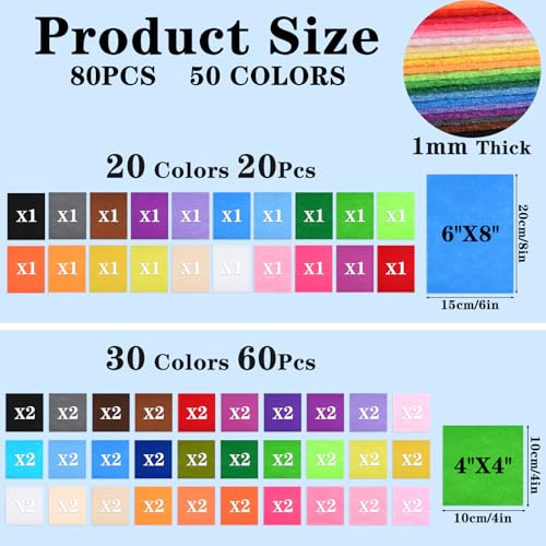 NEBURORA 80PCS Felt Fabric Sheets Craft Kit for DIY Sewing Crafts 2 Size