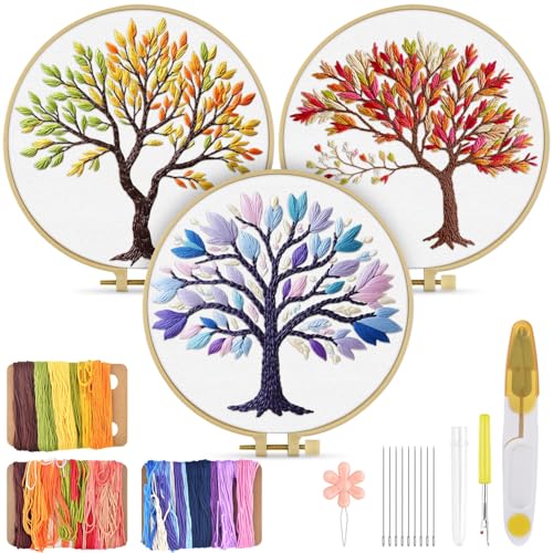 TINDTOP Embroidery Kit for Adult, 3 Pack Embroidery DIY Starter Kit - color: Color Tree