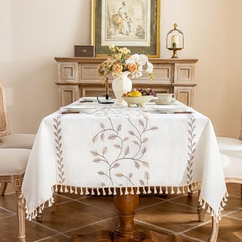 Alsoo Tablecloth Rectangle 55" x 106", Farmhouse Linen Style Table Cloth, Brown Leaf Embroidery & Tassels, Heavy Weight Rustic Wrinkle & Spill Resistant Table Coverh for Dining Kitchen - color: Brown Leaf, size: 106" x 55" (Rectangular)