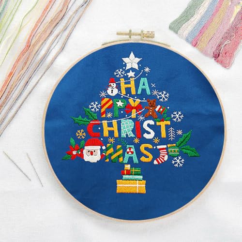 CREAWONDER Canvas Tote Bag Embroidery Kit with Pattern for Beginners, Arts and DIY Embroidery Crafts Kits for Adults, Include Instructions, Thimble, Embroidery Hoops, Color Threads and Tool - color: CR002 Christmas tree darkblue