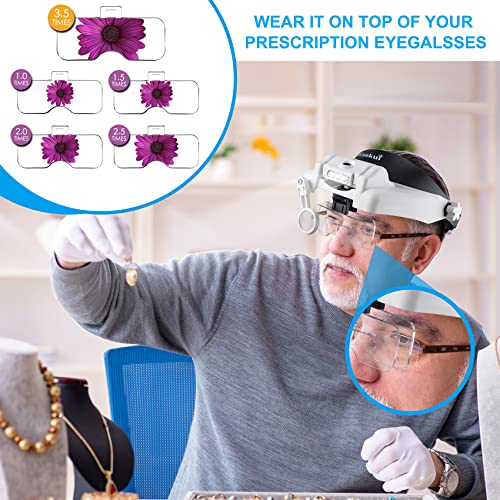 Dilzekui Magnifying Glass with Light 1X-14X, Rechargeable Headset Magnifier - color: White