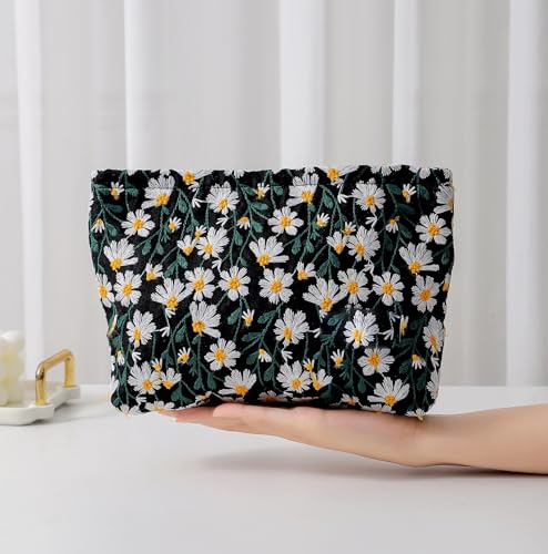 getgto 2 Pcs Makeup Bags, Large Cosmetic Bag Travel Toiletry Bag - color: Black Green Daisy