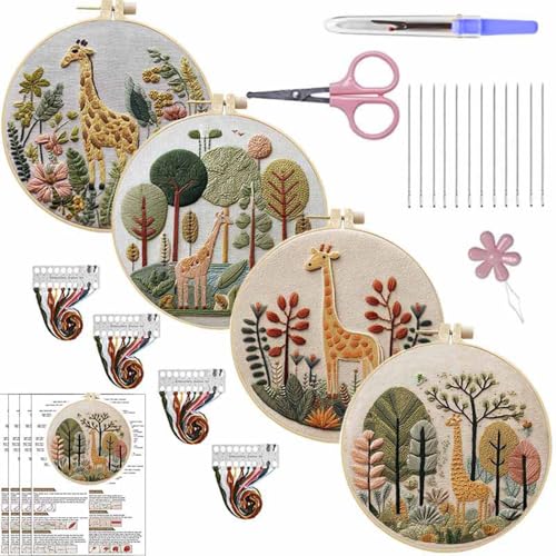 MULTIONS 4 Sets Embriodery Kit for Adult,Giraffe Embriodery Practice Kit for Beginners with Easy Pattern Hand Crafts,Hoop,Needle - color: Giraffe